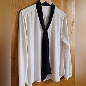 Banana Republic White and Black Blouse with Elegant Tie Detail